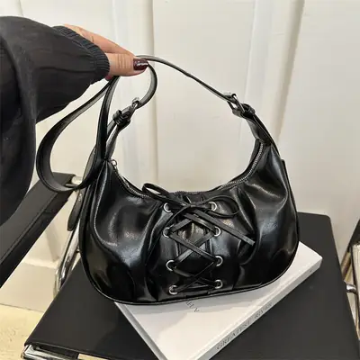 Black PU Lace-Up Bow Shoulder Bag for Women