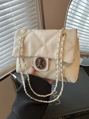 Women's Crossbody Bag with Rhombic Chain & Gold Logo