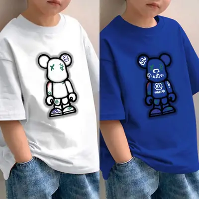 Cotton Bear Print Boys T-Shirt Red Blue 2025