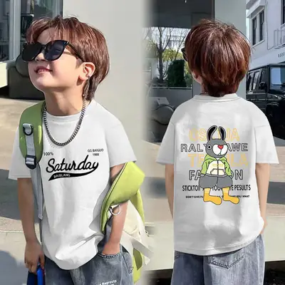 Boys Cotton T-Shirt Summer Cartoon Mid Big Kids Loose Handsome