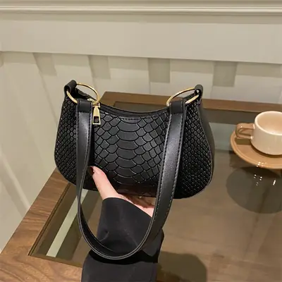 Black Croc Textured Shoulder Bag for Women 2024