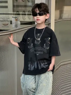 Kids Cartoon T-Shirt Black 2025 Summer New Boys Korean Style