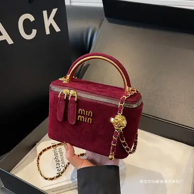 Women's Velvet Crossbody Bag Maroon Gold Chain 2025