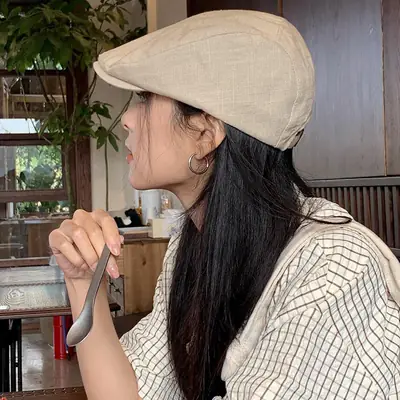 Japanese Linen Beret Cap for Men Women 4S Brown