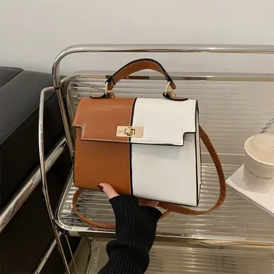Women's White Brown Crossbody Bag with Gold Lock