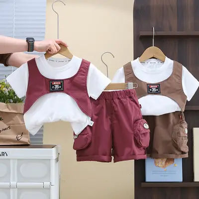 2025 Summer Boys Cotton T-Shirt Shorts Set Brown White
