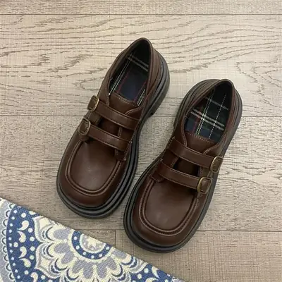 Women's Brown Leather Platform Loafers British Style