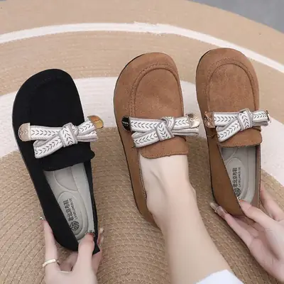 Women's Black Bow Flat Loafers with Rhinestone Decor