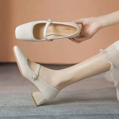 Women's White Square Toe Heel Mary Shoes 2025 Spring
