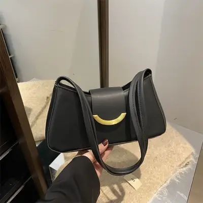 Women's Black Shoulder Bag with Gold Trim 2024 Spring
