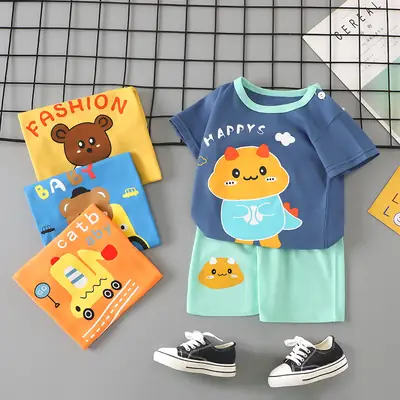 Kids Cotton T-Shirt Shorts Set Blue Gray Summer