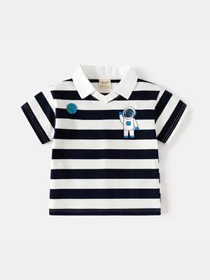 2025 Boys Striped Polo Shirt Navy White Kids Casual Short Sleeve