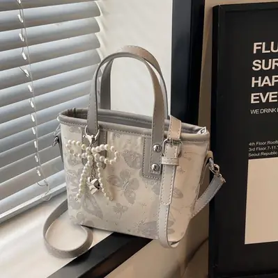 Women's Grey Embroidered Shoulder Bag with Pearl Tassel
