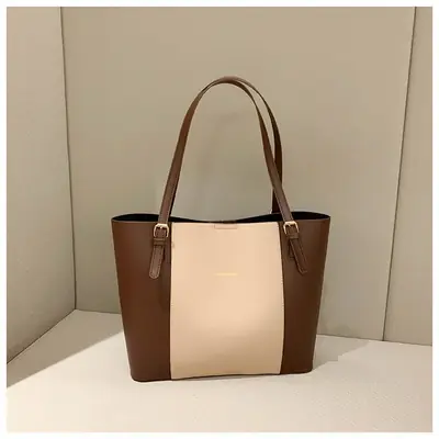 Vintage Brown Beige Shoulder Tote Bag for Women