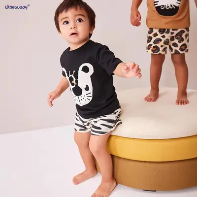 Cross-Border Kids Short Sleeve Cotton Suit Brown Leopard Print