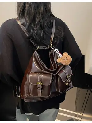 Women Retro Brown Leather Shoulder Bag with Teddy Bear Charm