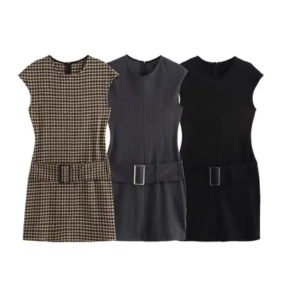Cross-Border Dress Belted Sleeveless Black Checkered Black