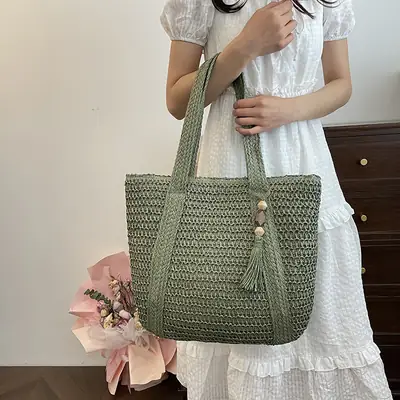 Green Woven Straw Tote Bag for Women Large Capacity Casual All-match