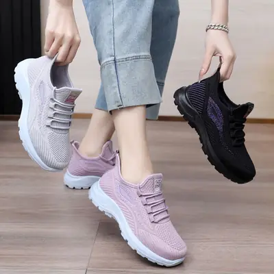 Women's Breathable Flying Woven Casual Shoes Black Purple