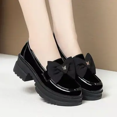 2025 Spring New Loafers Patent Leather Bow Single-layer Shoes Women's Thick Heel Thick-soled British Style Joker Small Leather Shoes