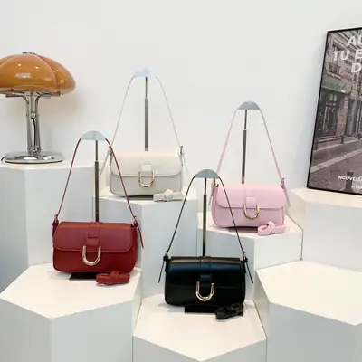 Women's Korean Style Red Shoulder Bag with Horseshoe Buckle