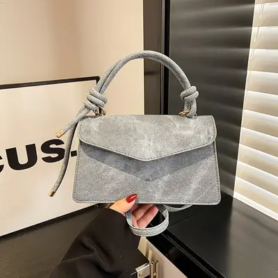2025 Women's Grey Velvet Crossbody Bag with Knot Handles