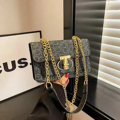 Brown Monogram Chain Shoulder Bag with Gold Clasp