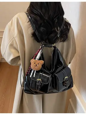 Black Leather Crossbody Bag with Gold Clasp & Teddy Keychain