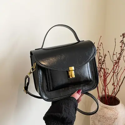 Black Leather Shoulder Crossbody Messenger Bag for Women