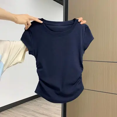 Xizang Blue Shoulder Short-sleeved T-shirt Women's Summer New Design Pleated Waist Round Neck Slim-fit Slim-fit Short Top