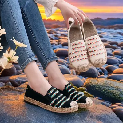 Women Linen Embroidered Slip-on Shoes