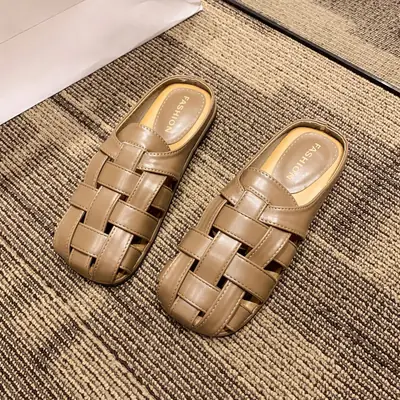 Women's Braided Leather Slippers Brown Summer Wear