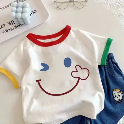2025 Kids Cotton Cartoon T-Shirt White Red Blue