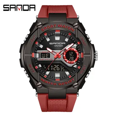 Sanda Men's Red Digital Alarm Watch with LED Display