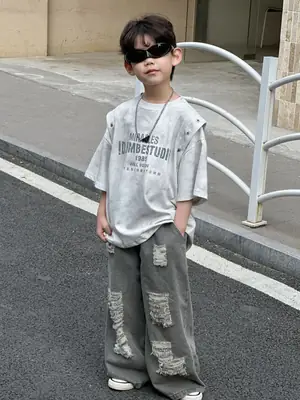 Kids Boys Korean Style Grey T-Shirt 2025 Summer