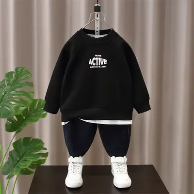 Boys Sweatshirt Set Black Active Print Pants White Sneakers