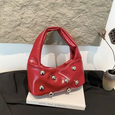 Red Rivet Ball Handbag for Women Fashion Luxury