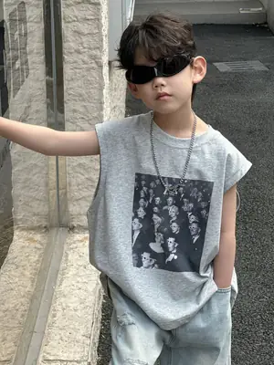 Kids Korean Print T-Shirt Grey 2025 Summer Boys