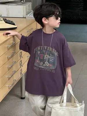 Boys Cotton T-Shirt Purple 2025 Summer New Kids Korean Style
