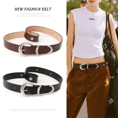 Women's Brown Sunflower Rivet Belt with High-end Thread