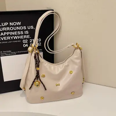 Women's Cross-border Retro Shoulder Tote Bag Beige Gold Button