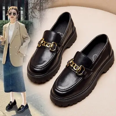 Black Patent Leather Slip-on Loafers with Gold Chain