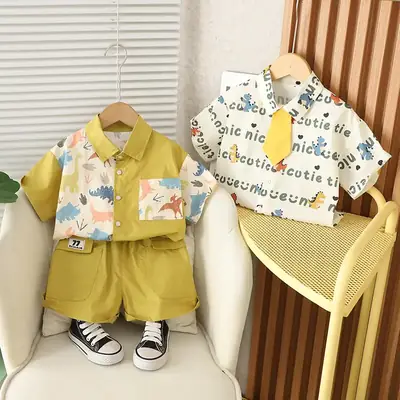 Boys Printed Tie Shirt Shorts Suit Green 2025