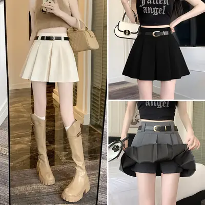 White Anti-Light Pleated Skirt with Belt for Women