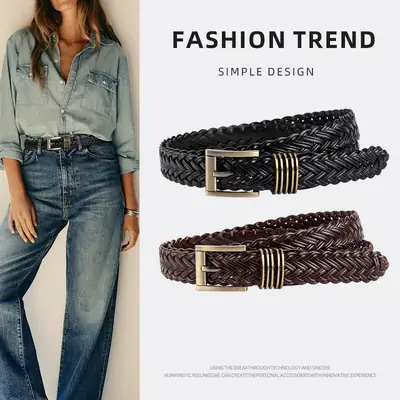 Black Braided Women's Belt with Gold Buckle