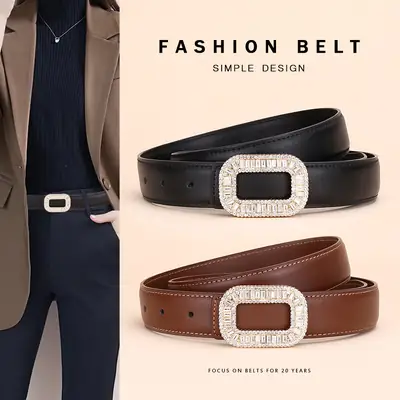 Rhinestone Women's Black Leather Belt with Diamond Buckle
