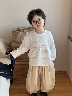 Kids Letter Print T-Shirt Set Cream Beige Long Sleeve