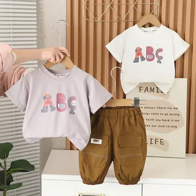 Kids Printed Cotton T-shirt & Pants Set Light Purple Brown