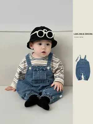 Baby Western Suit Striped T-Shirt Denim Overalls Set