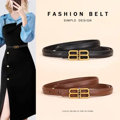 Women's Black Leather Belt with Gold Logo Buckle